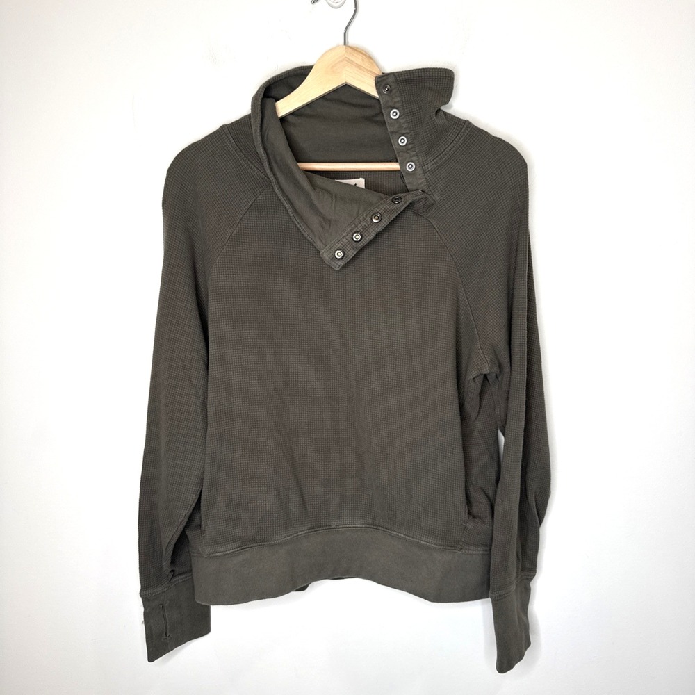Pact Waffle Knit Pullover Snap Mock Neck Organic Cotton Top Sweatshirt Women's M